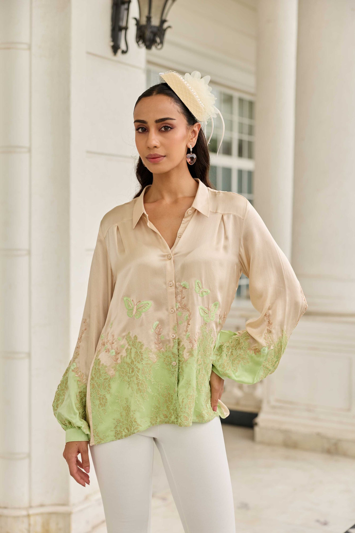 Ember Stone-Sage Hand Embroidered French Lace Satin Silk Shirt