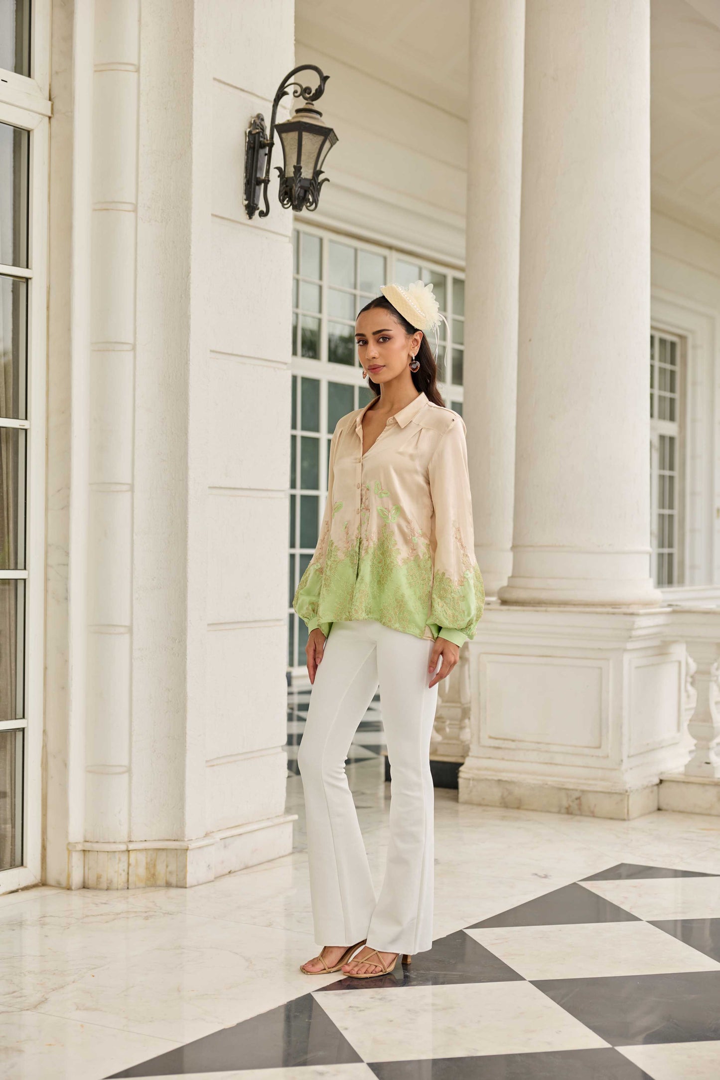 Ember Stone-Sage Hand Embroidered French Lace Satin Silk Shirt