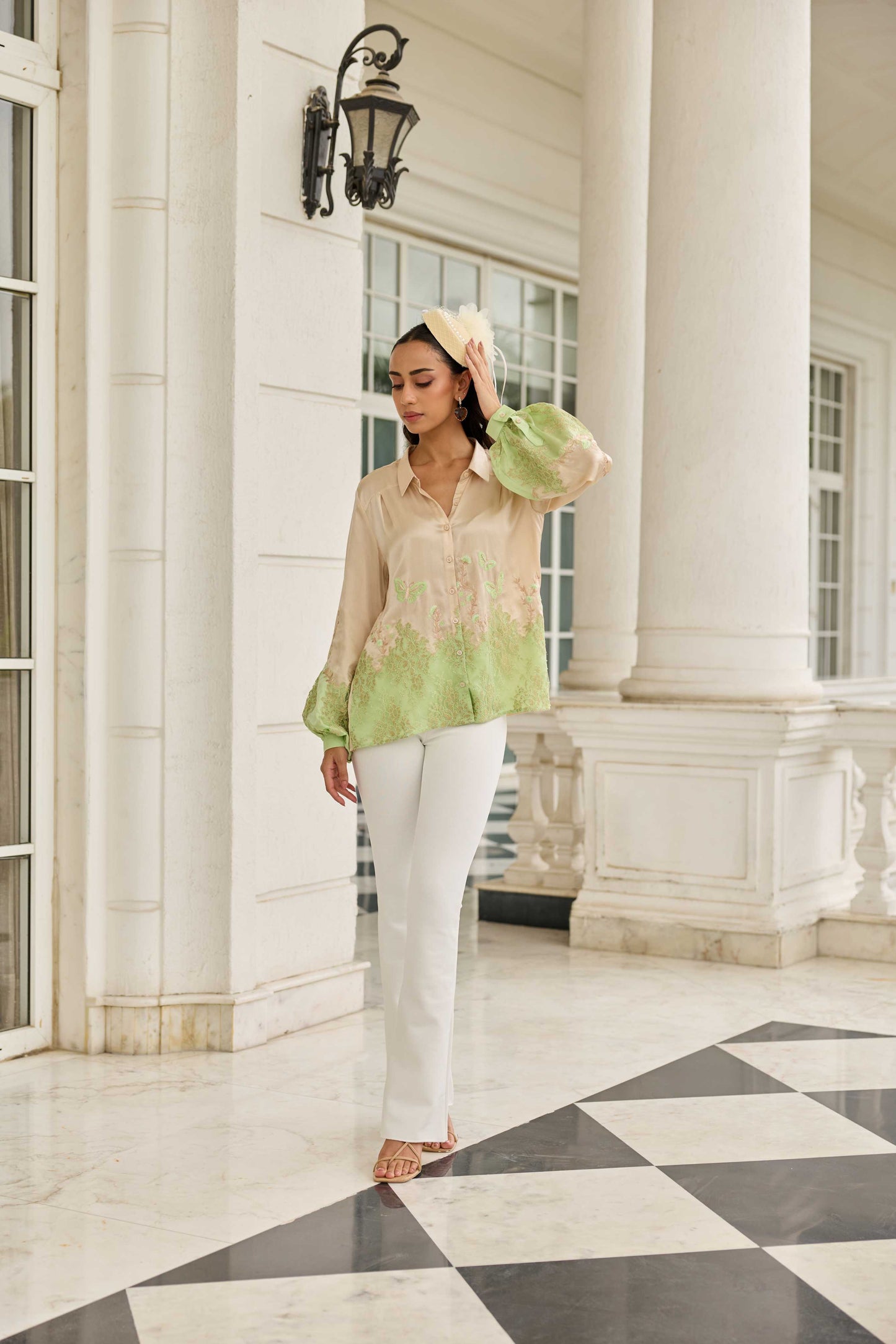 Ember Stone-Sage Hand Embroidered French Lace Satin Silk Shirt