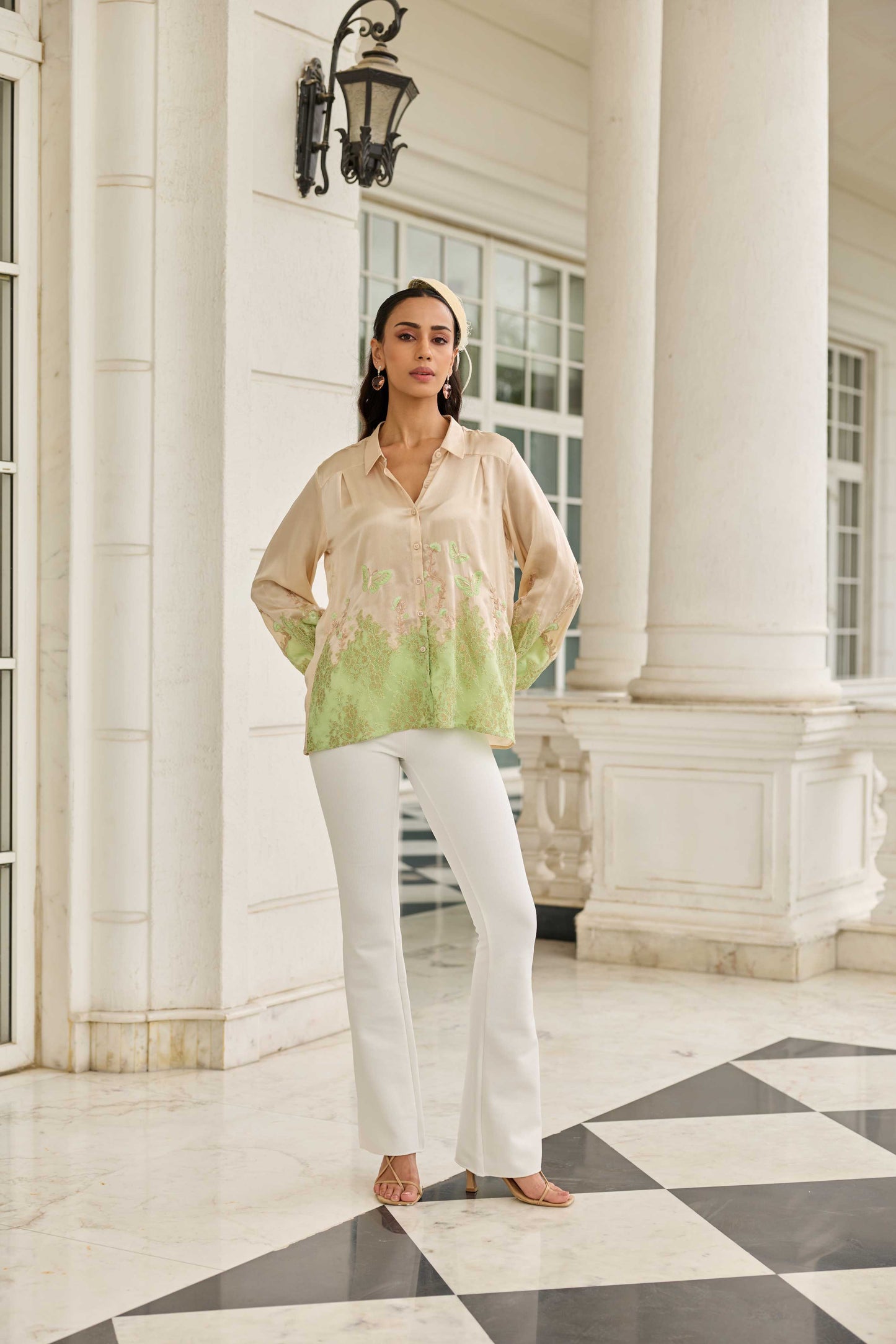 Ember Stone-Sage Hand Embroidered French Lace Satin Silk Shirt