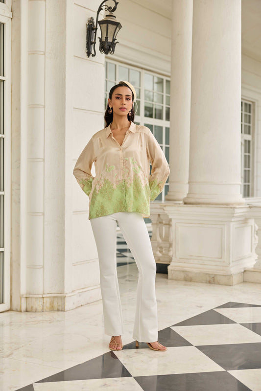 Ember Stone-Sage Hand Embroidered French Lace Satin Silk Shirt