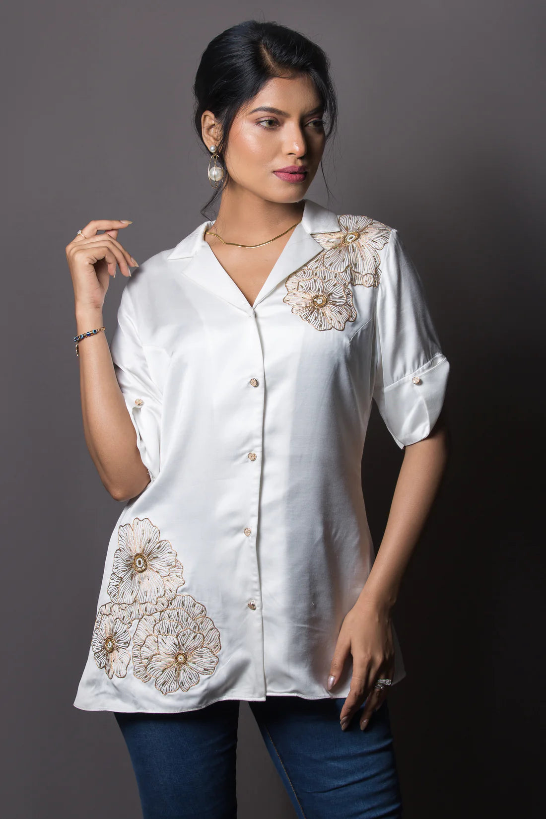 Shoulder Hem Floral Embroided Shirt