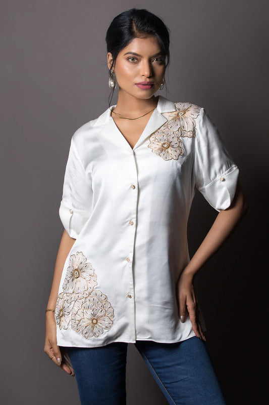 Shoulder Hem Floral Embroided Shirt