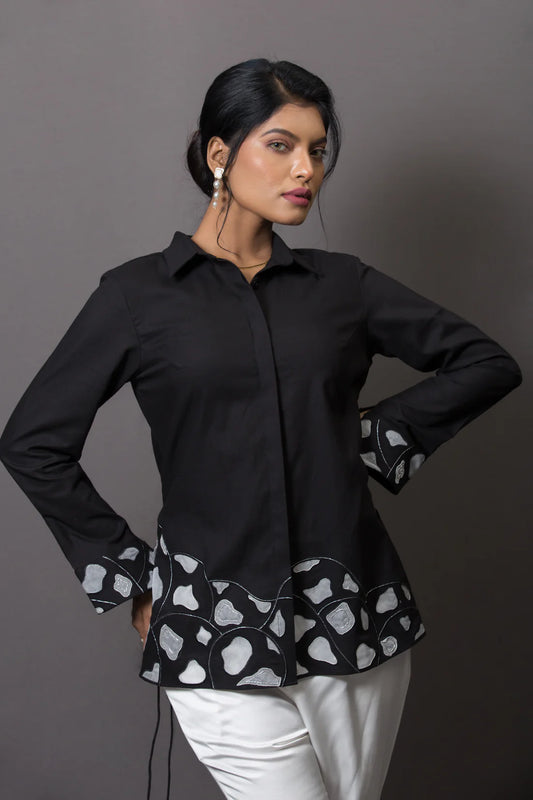 Hemline Accent Embroidered Shirt Black