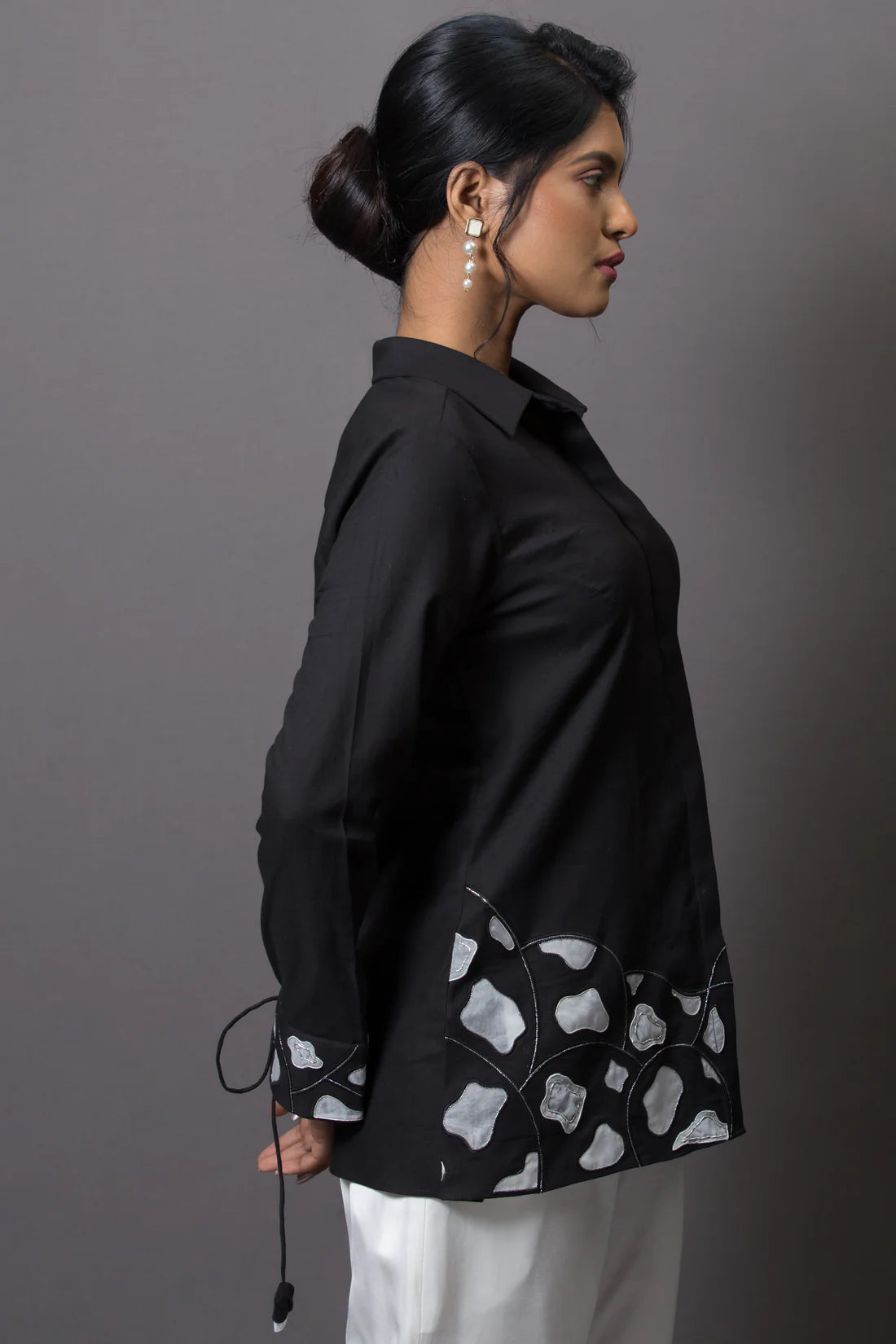 Hemline Accent Embroidered Shirt Black