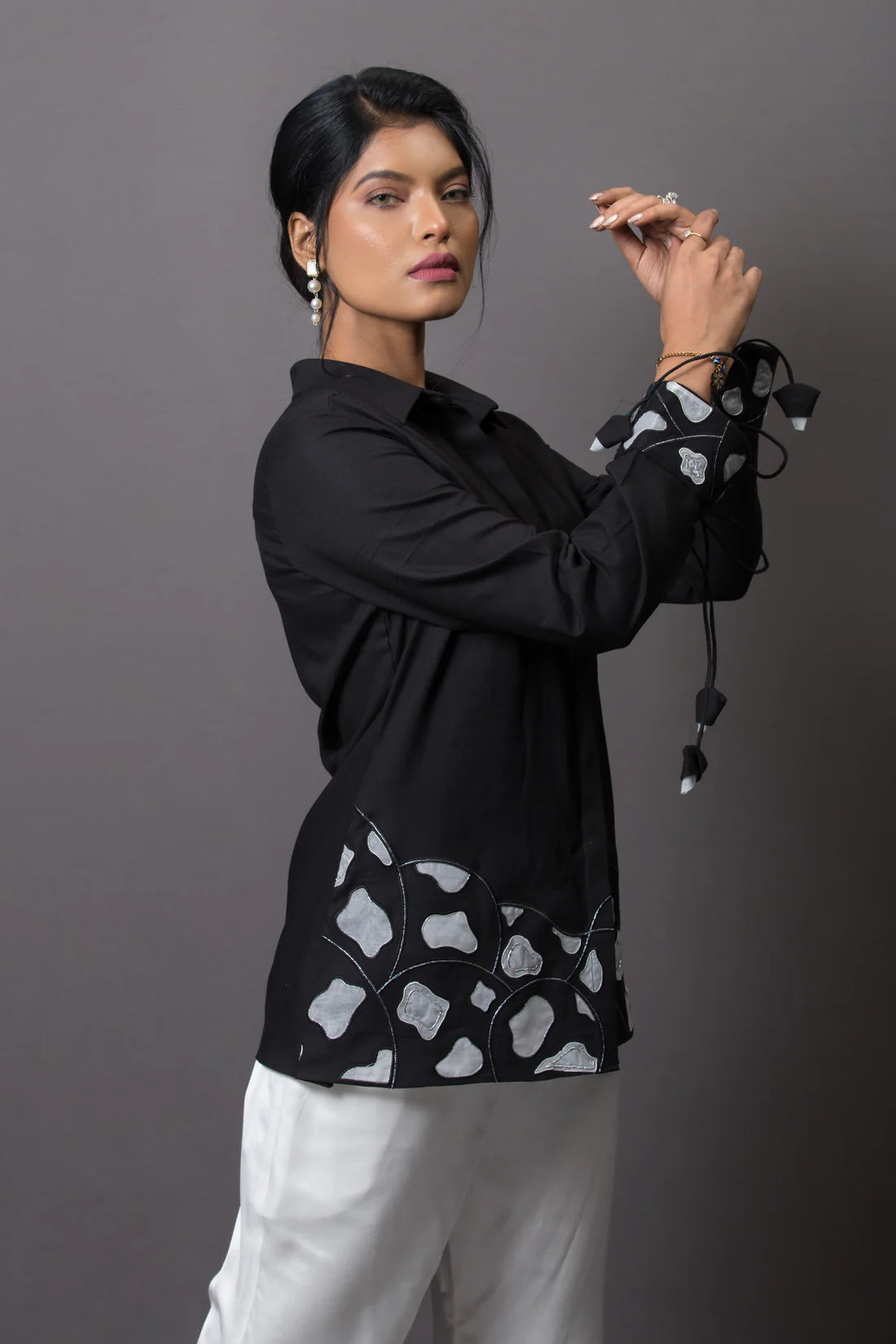 Hemline Accent Embroidered Shirt Black
