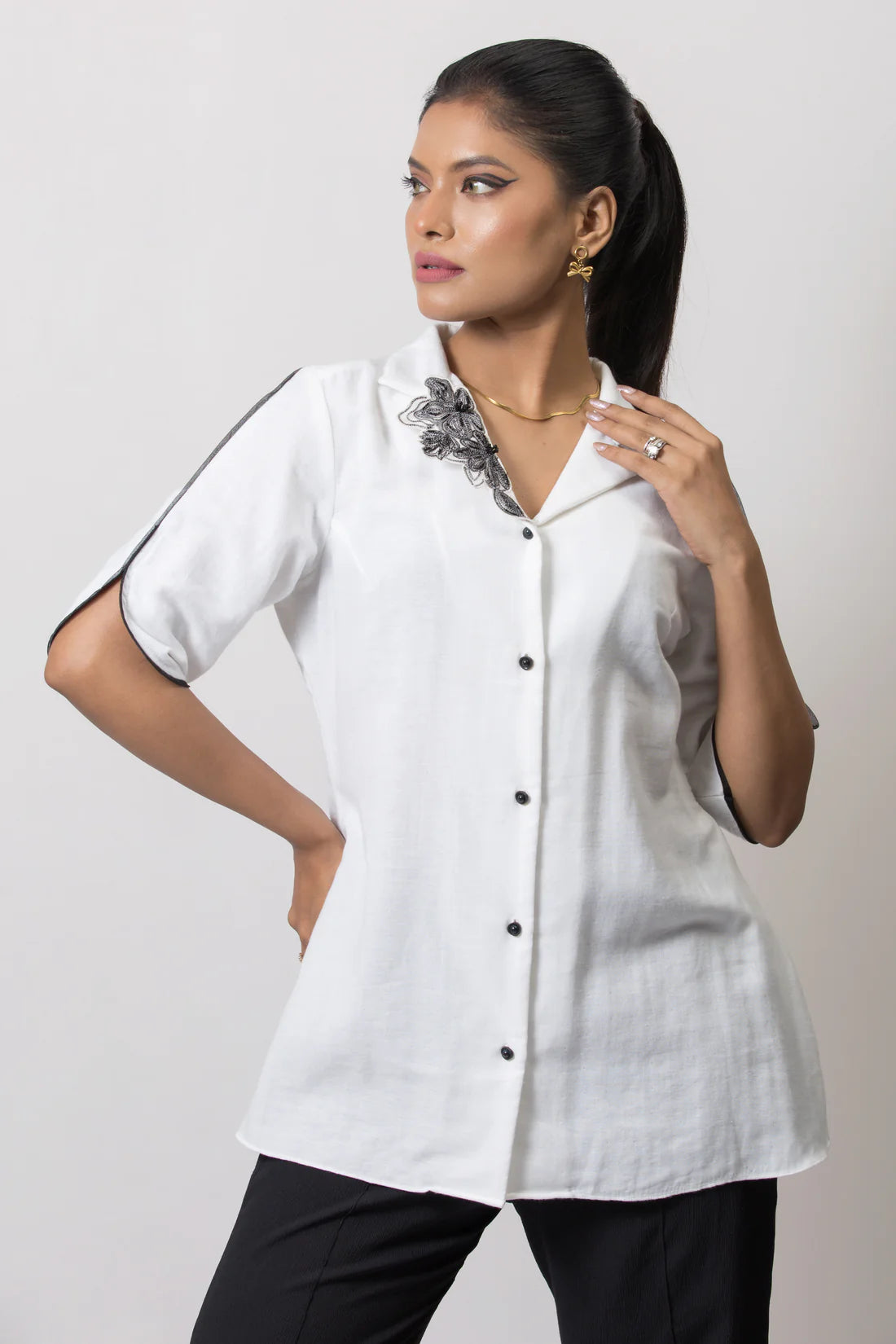 Patch Embroidered Cuban Collar Shirt