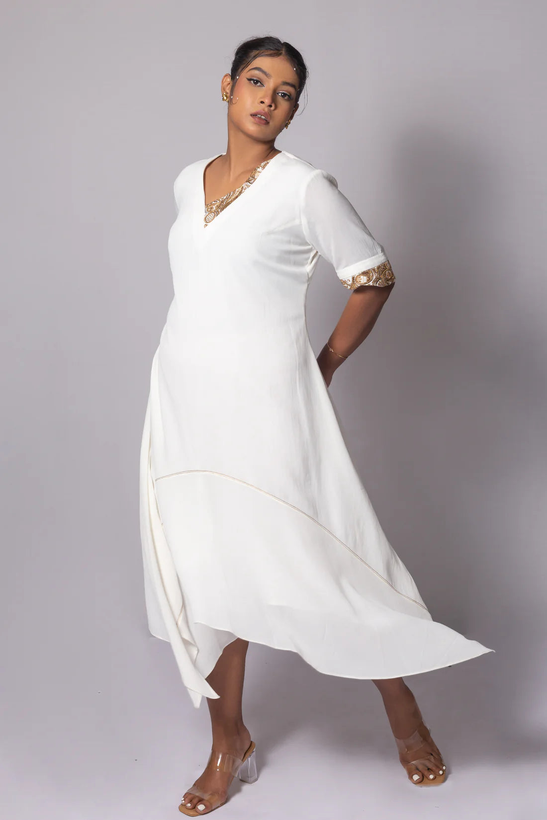 ASYMMETRIC zari Neck hi low Dress