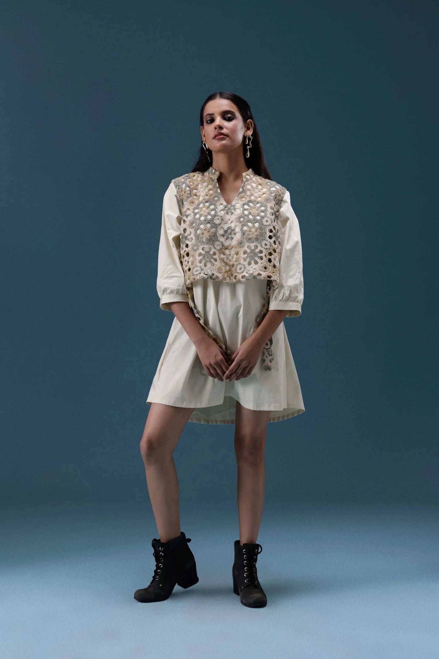 Ivory Crochet Layered Shirt Dress