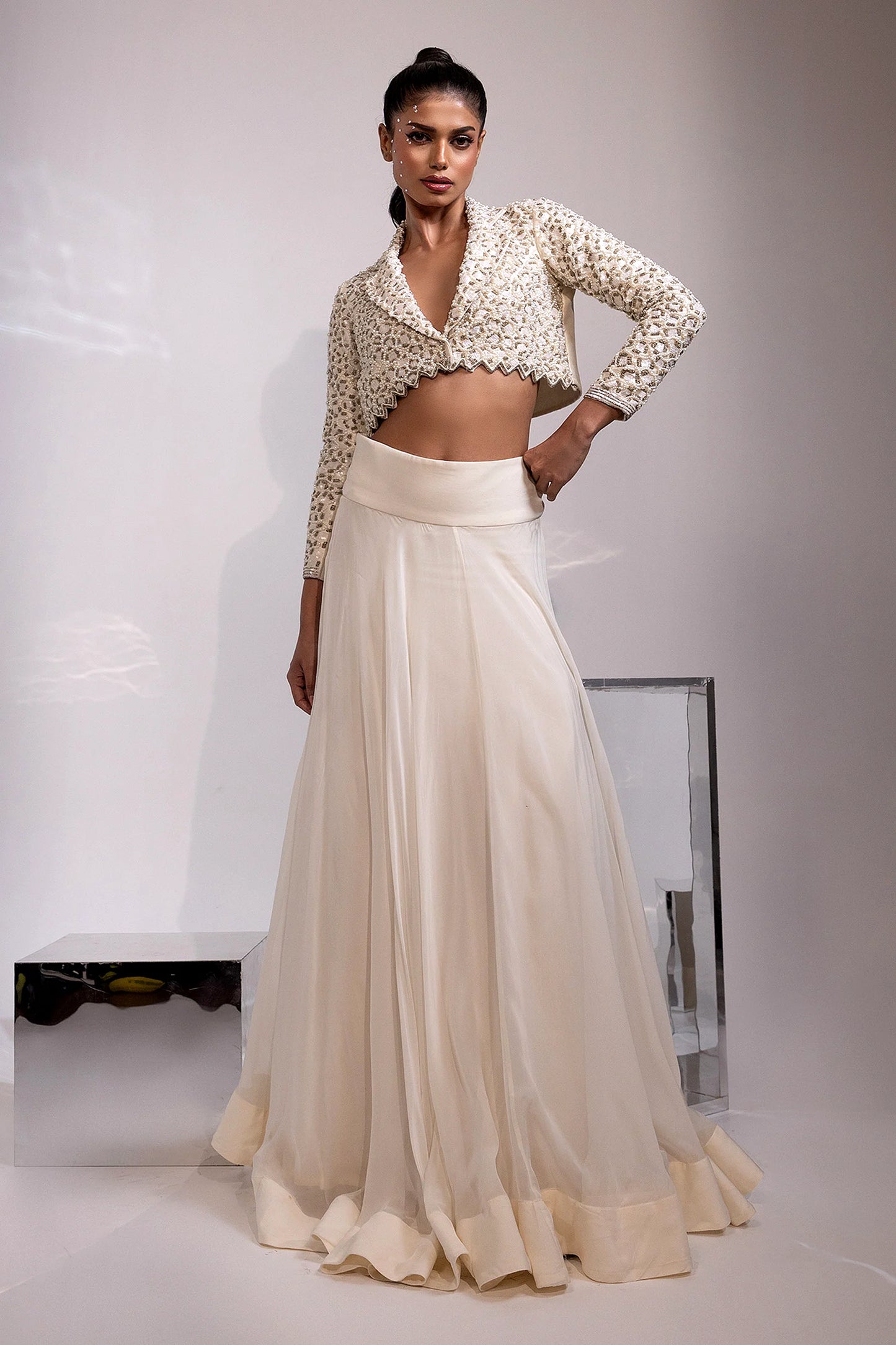 Ivory Embellished Cropped Jacket with Flowing Maxi Skirt