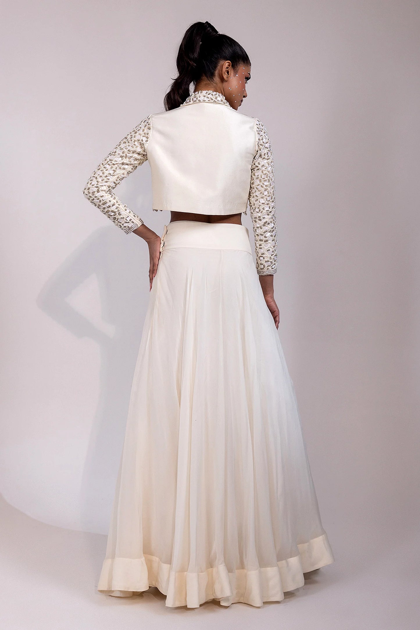 Ivory Embellished Cropped Jacket with Flowing Maxi Skirt