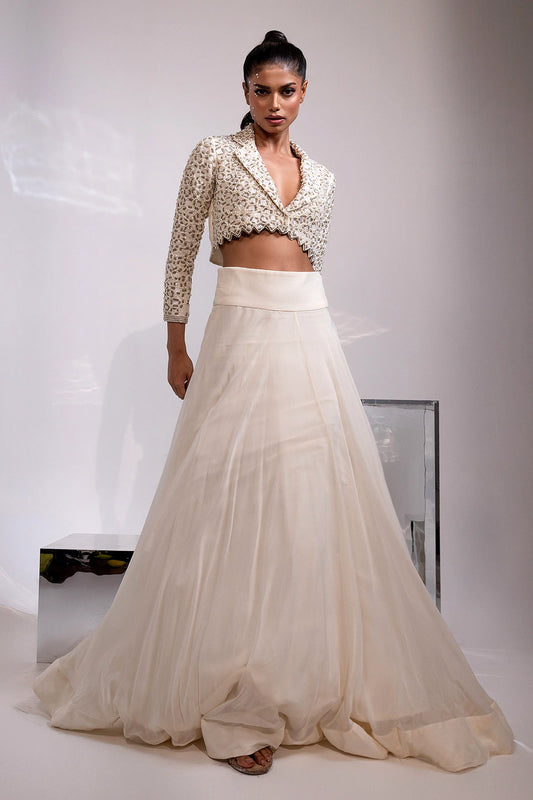 Ivory Embellished Cropped Jacket with Flowing Maxi Skirt