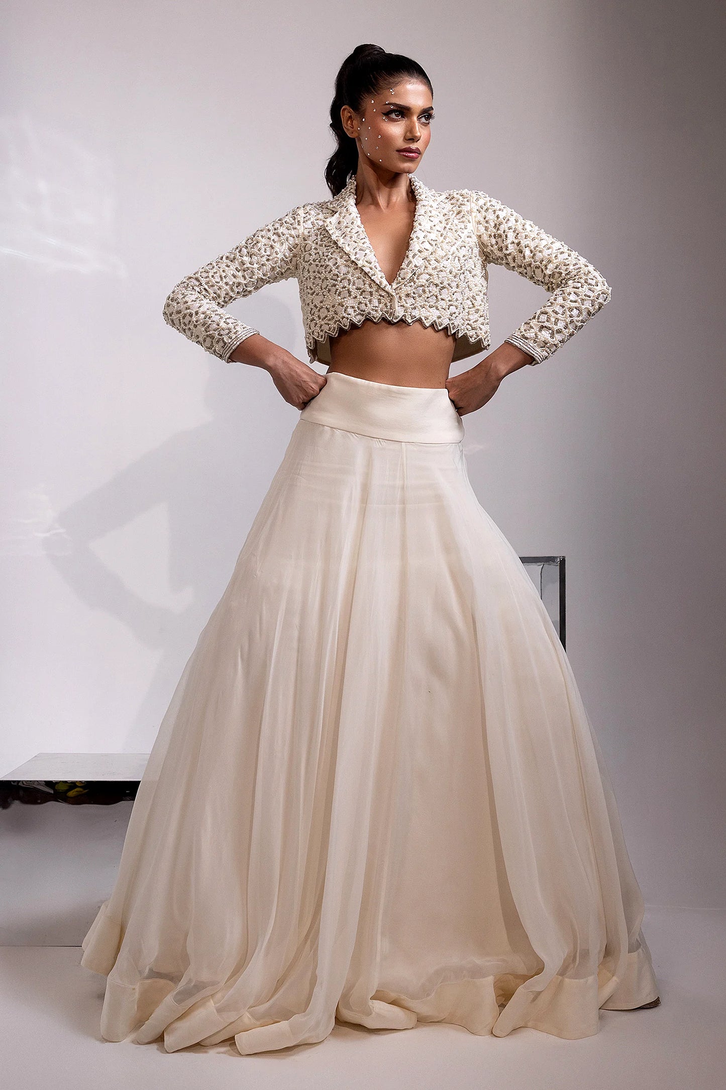 Ivory Embellished Cropped Jacket with Flowing Maxi Skirt