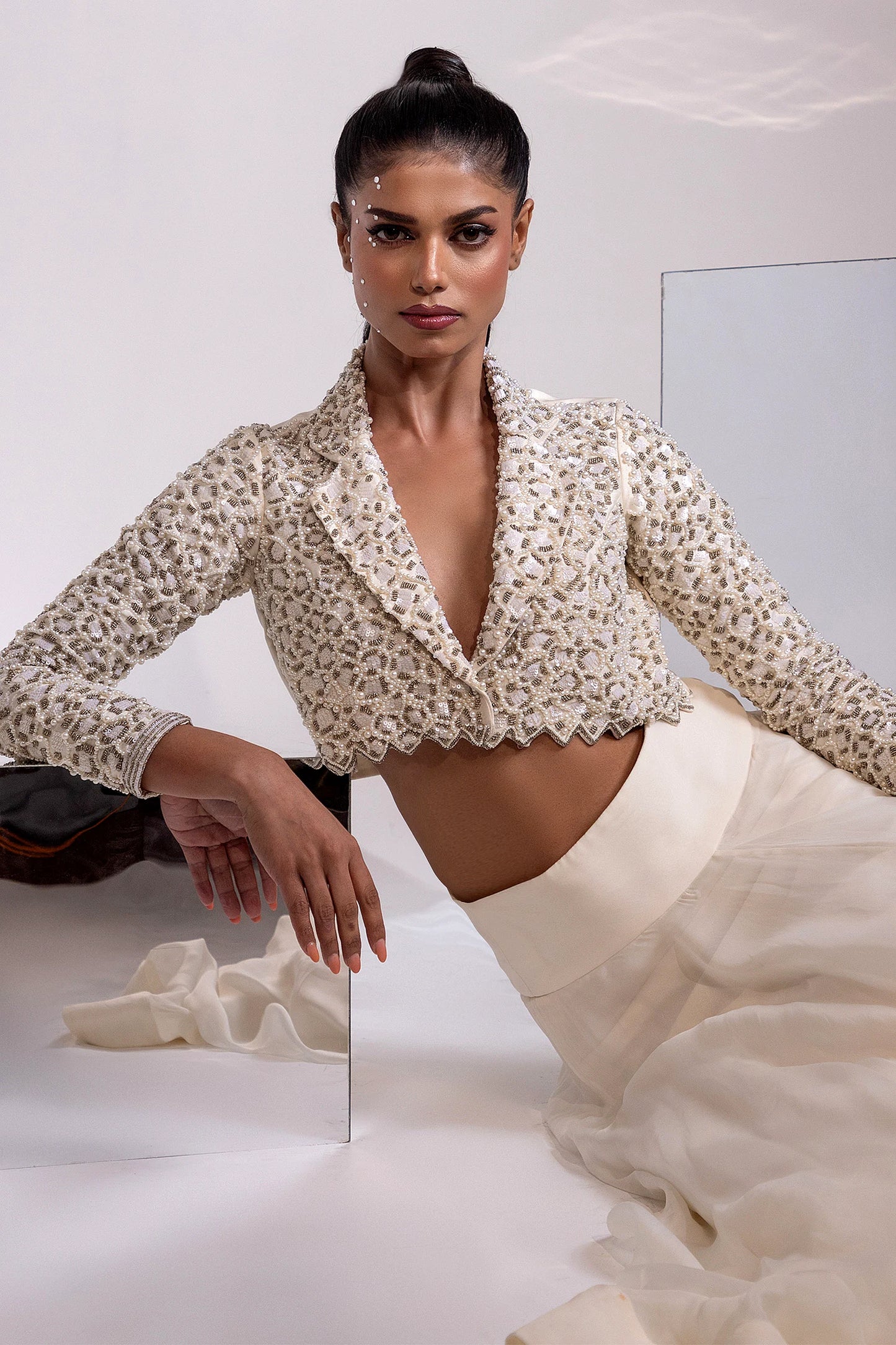 Ivory Embellished Cropped Jacket with Flowing Maxi Skirt