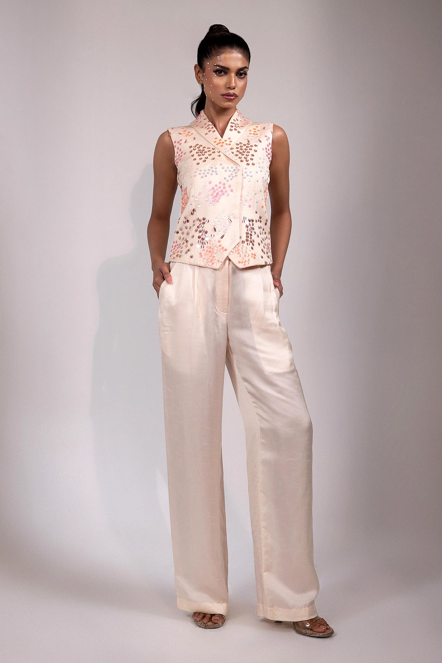 Ivory Sequin-Embellished Sleeveless Co-ord Set
