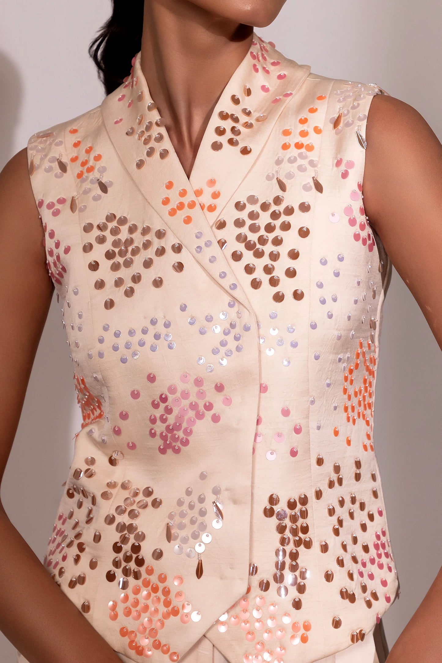 Ivory Sequin-Embellished Sleeveless Co-ord Set