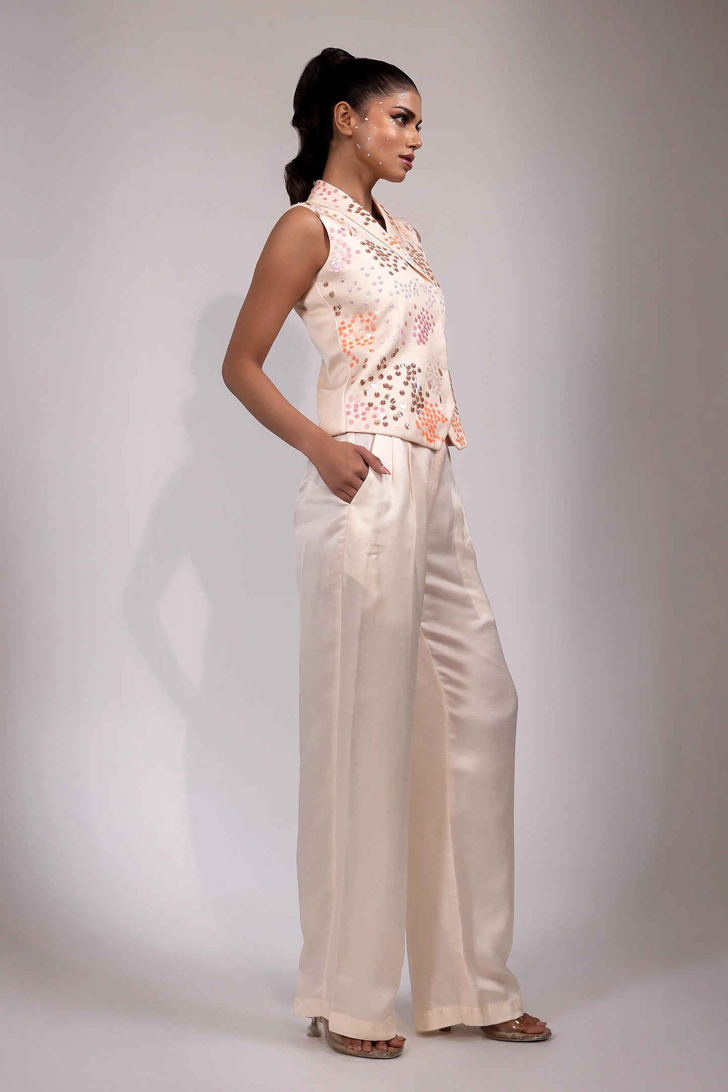 Ivory Sequin-Embellished Sleeveless Co-ord Set