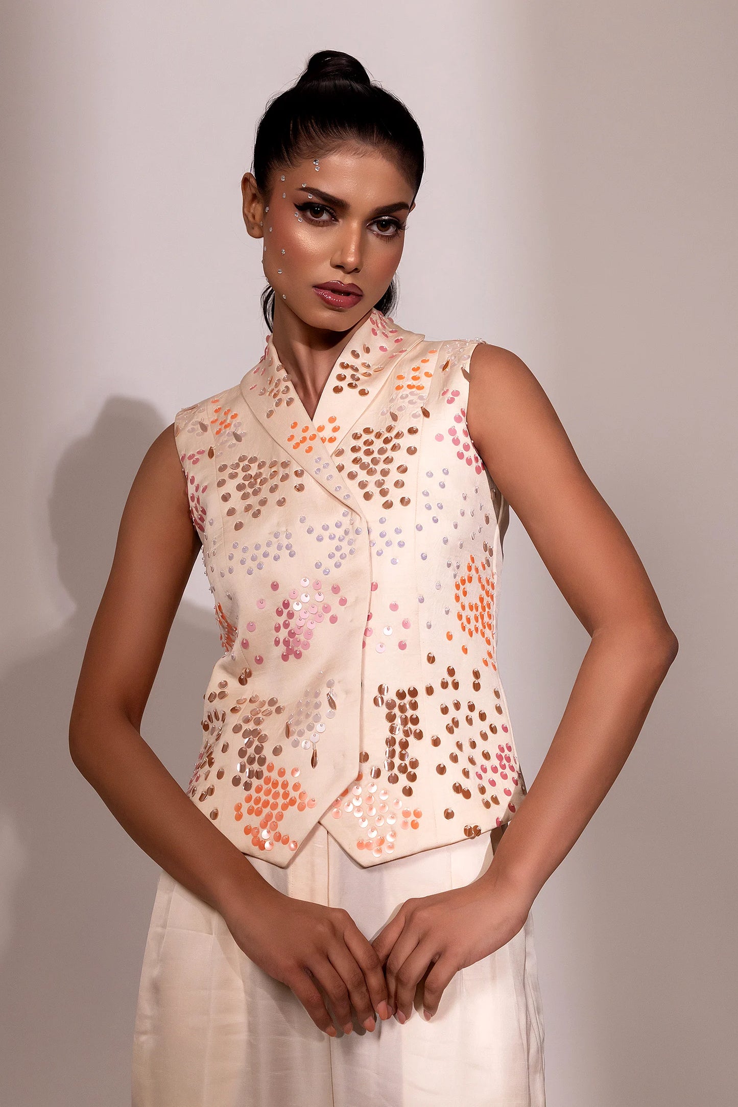 Ivory Sequin-Embellished Sleeveless Co-ord Set