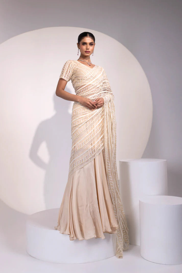 Ivory Sequin Embroidered Saree with Matching Blouse