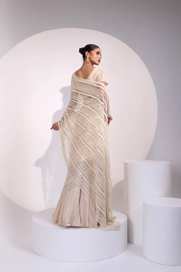Ivory Sequin Embroidered Saree with Matching Blouse