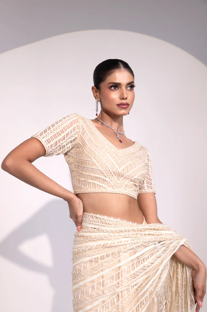 Ivory Sequin Embroidered Saree with Matching Blouse