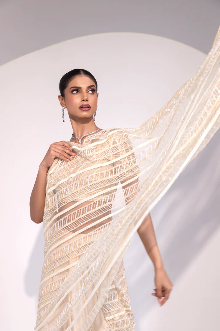 Ivory Sequin Embroidered Saree with Matching Blouse