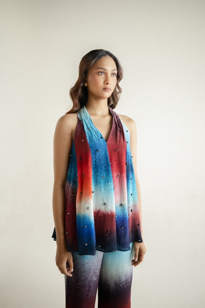 12 Kali Embroidered  Top with Scarf and  Pants Dark Shade