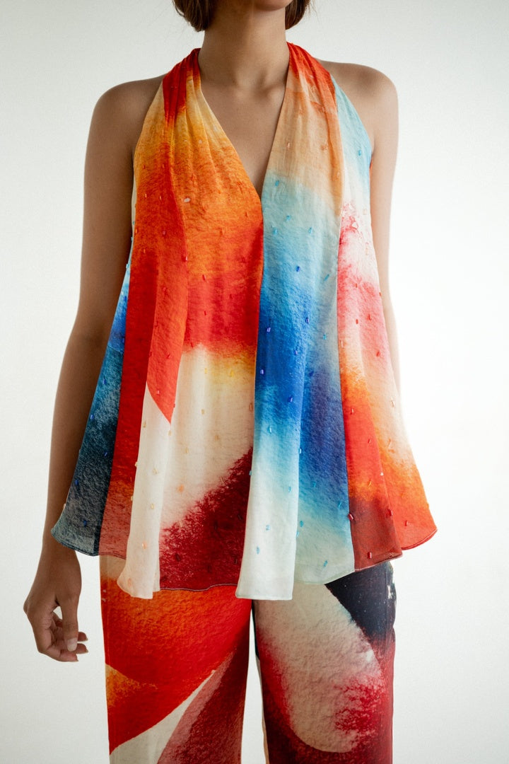 12 Kali Embroidered  Top with Scarf and  Pants Light Shade