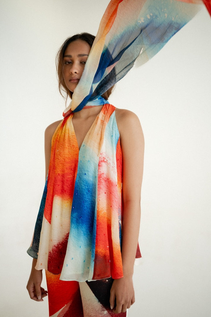 12 Kali Embroidered  Top with Scarf and  Pants Light Shade