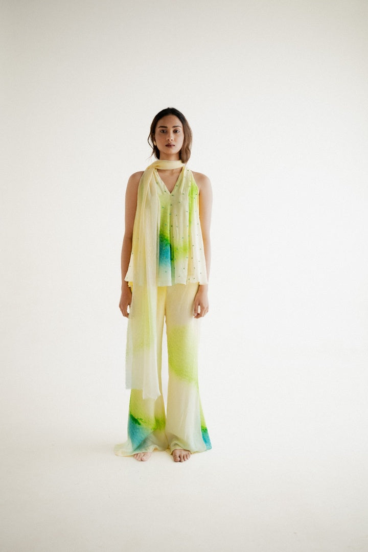 12 Kali Embroidered  Top with Scarf and  Pants Yellow Shade