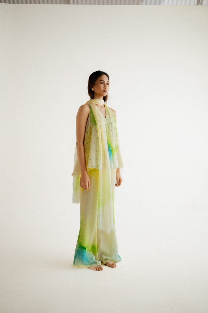 12 Kali Embroidered  Top with Scarf and  Pants Yellow Shade