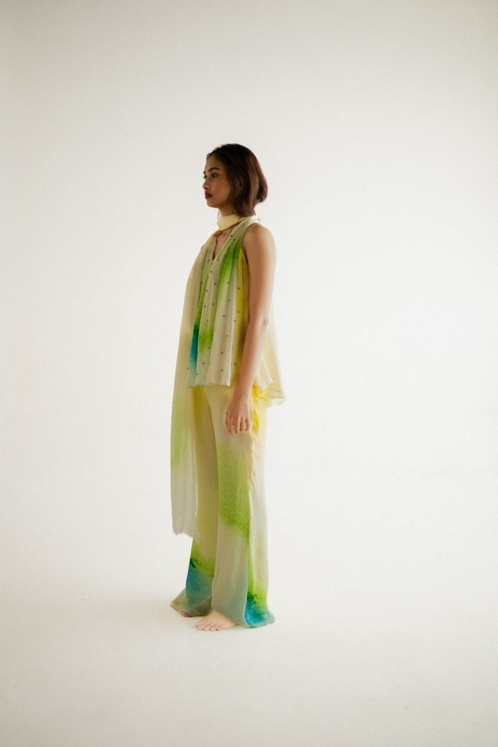 12 Kali Embroidered  Top with Scarf and  Pants Yellow Shade