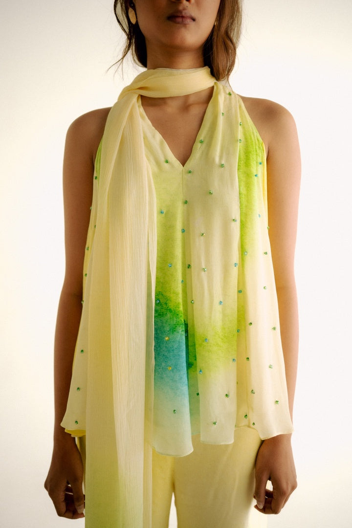 12 Kali Embroidered  Top with Scarf and  Pants Yellow Shade