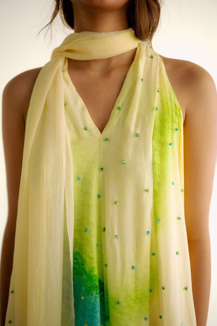 12 Kali Embroidered  Top with Scarf and  Pants Yellow Shade