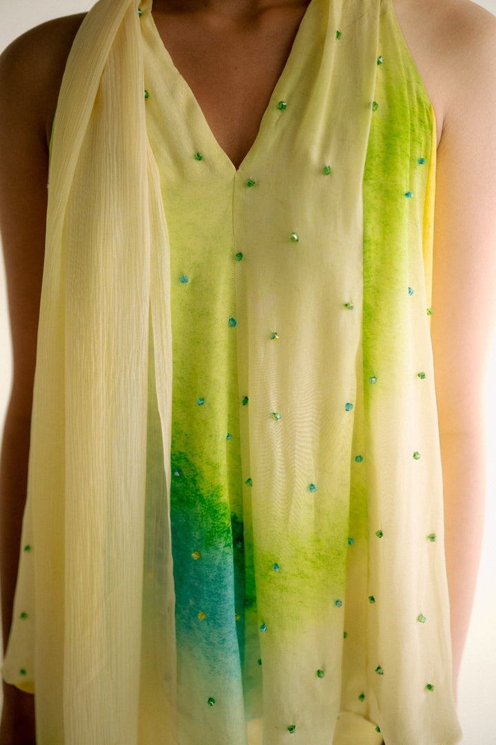 12 Kali Embroidered  Top with Scarf and  Pants Yellow Shade