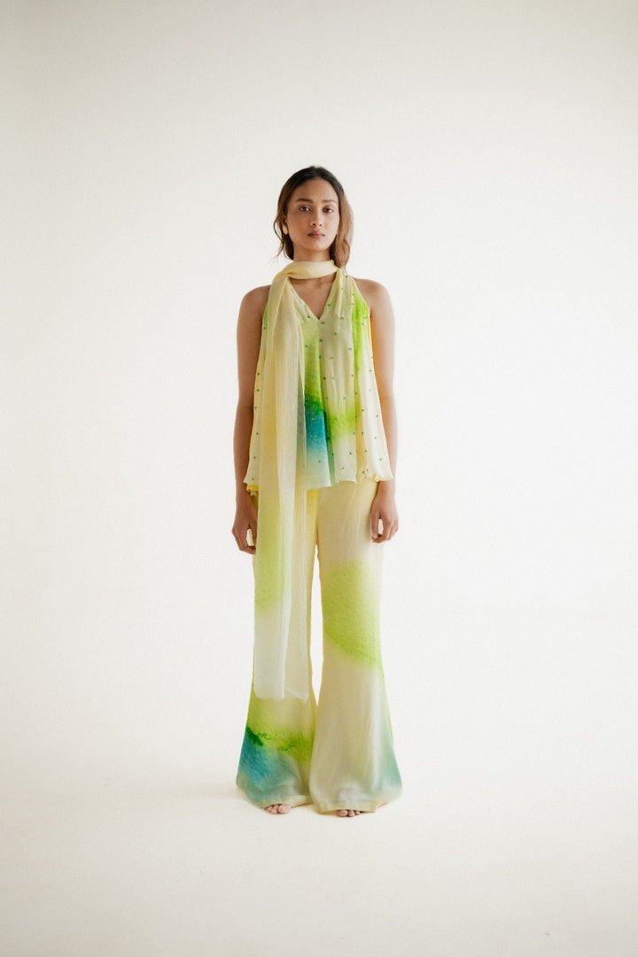12 Kali Embroidered  Top with Scarf and  Pants Yellow Shade