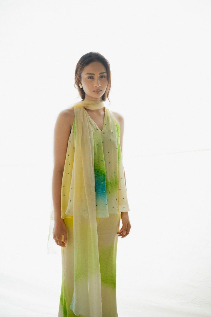 12 Kali Embroidered  Top with Scarf and  Pants Yellow Shade