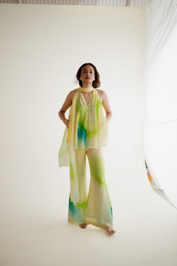 12 Kali Embroidered  Top with Scarf and  Pants Yellow Shade