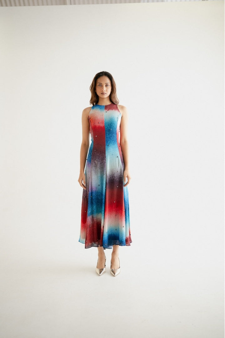 Sleeveless 8 Kali Dress with Embroidery and Print Dark Shade