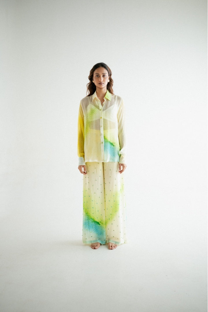 Chiffon Printed Shirt with Embroidered  Printed Pants Yellow Shade