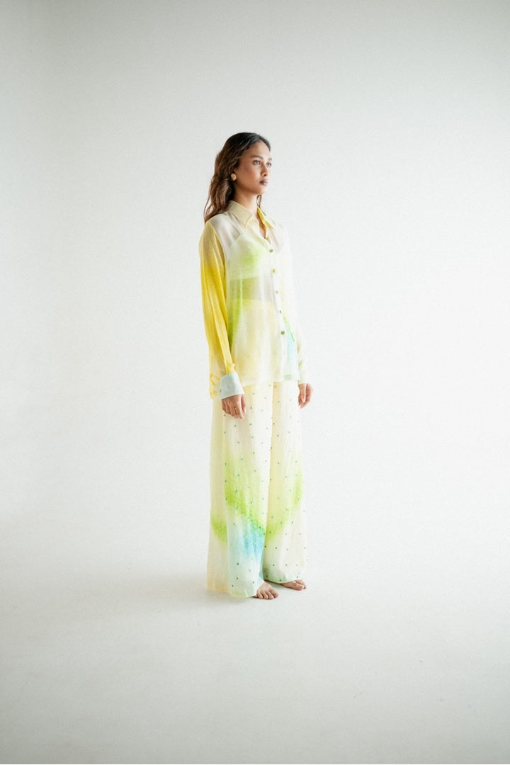 Chiffon Printed Shirt with Embroidered  Printed Pants Yellow Shade
