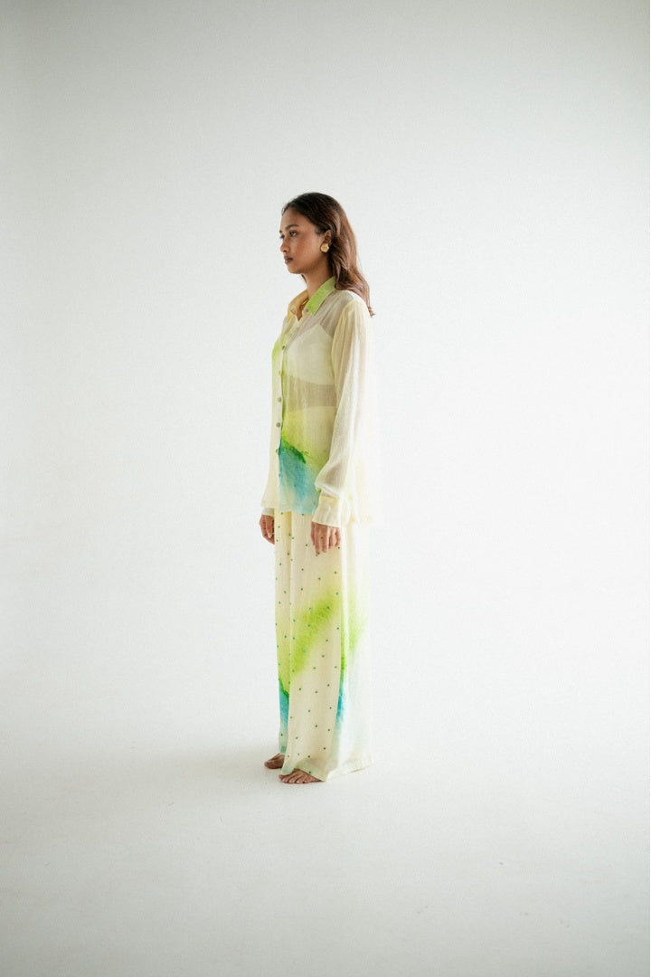 Chiffon Printed Shirt with Embroidered  Printed Pants Yellow Shade