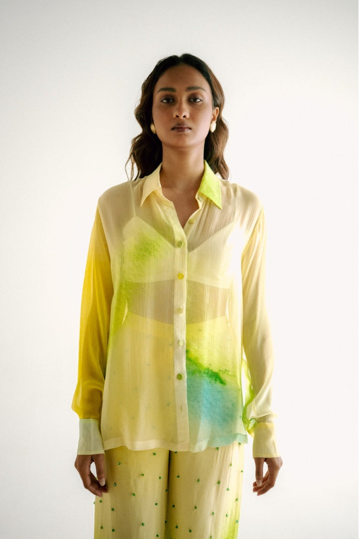Chiffon Printed Shirt with Embroidered  Printed Pants Yellow Shade