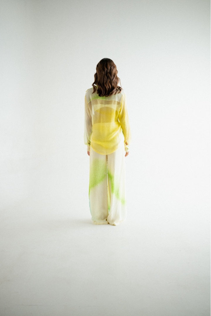 Chiffon Printed Shirt with Embroidered  Printed Pants Yellow Shade