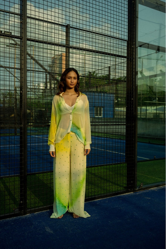 Chiffon Printed Shirt with Embroidered  Printed Pants Yellow Shade