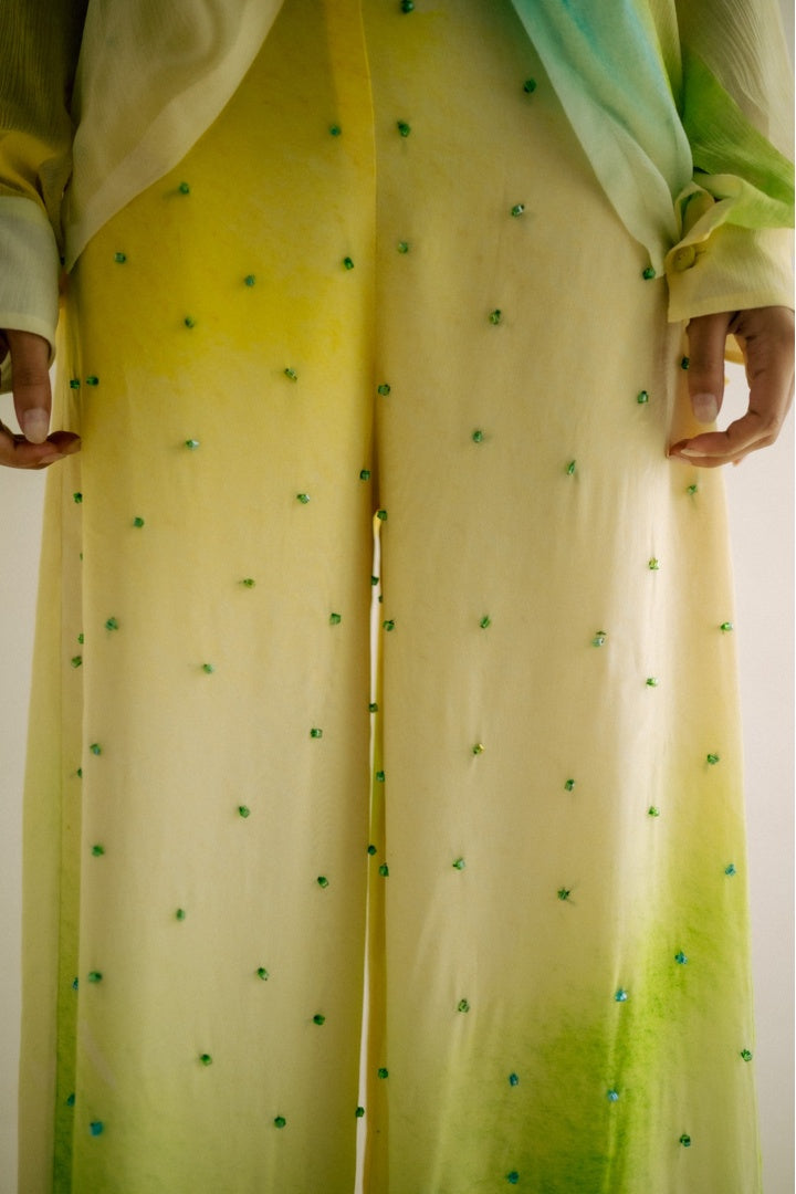 Chiffon Printed Shirt with Embroidered  Printed Pants Yellow Shade