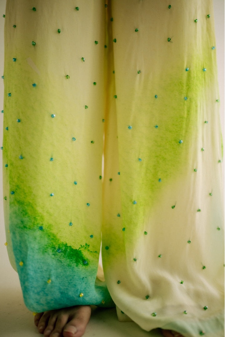 Chiffon Printed Shirt with Embroidered  Printed Pants Yellow Shade