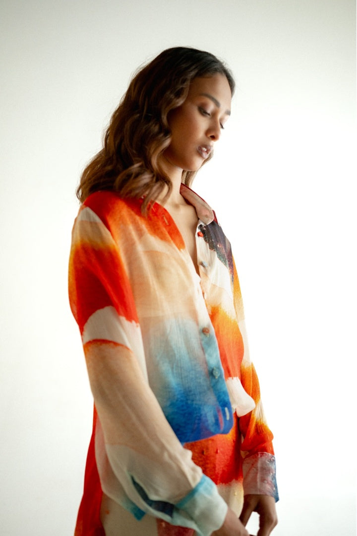 Chiffon Printed Shirt with Embroidered  Printed Pants Light Shade