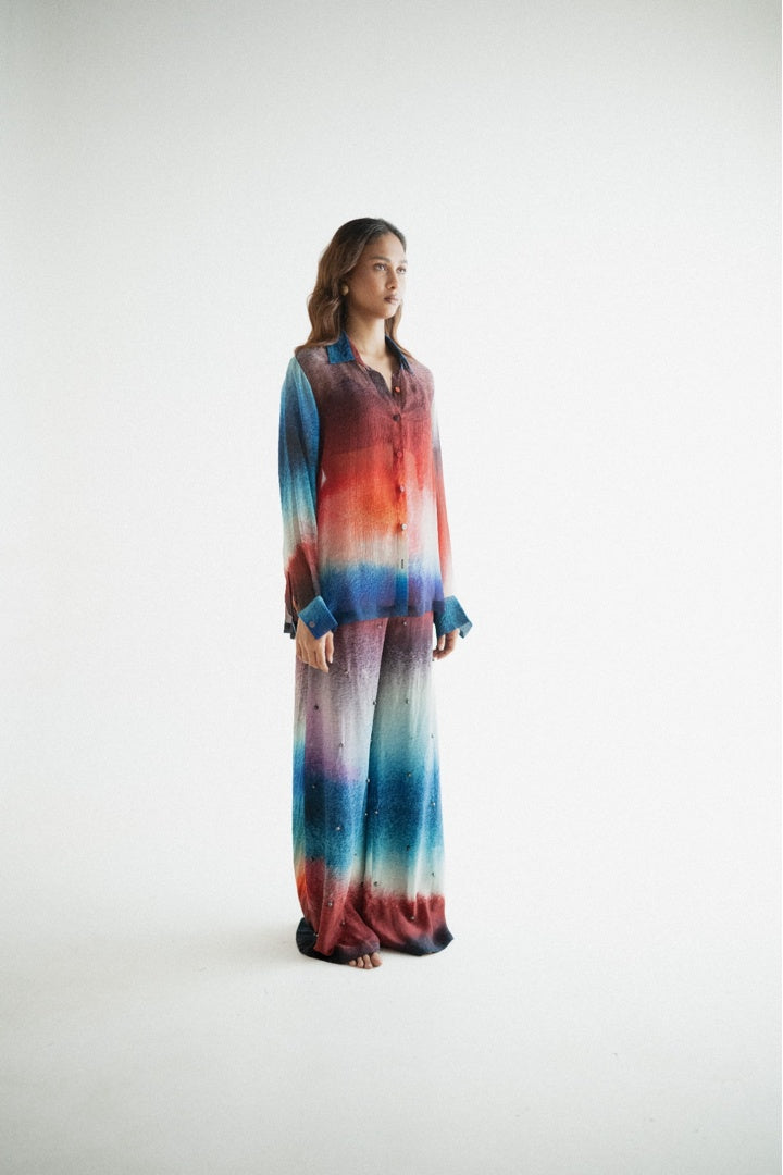 Chiffon Printed Shirt with Embroidered  Printed Pants Dark Shade