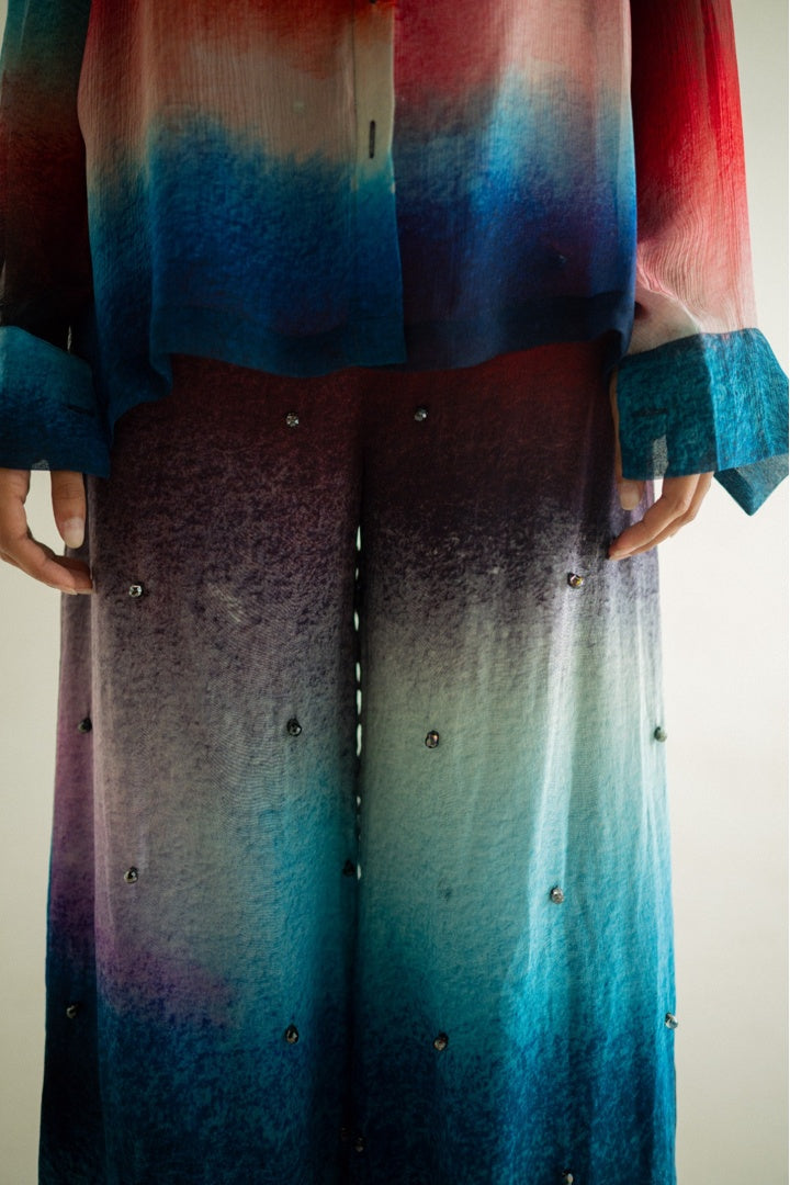 Chiffon Printed Shirt with Embroidered  Printed Pants Dark Shade